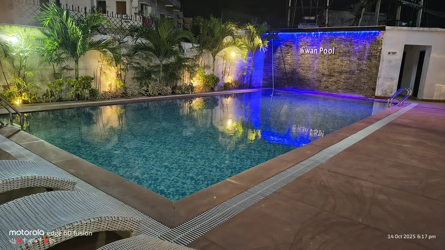 Swan Pool illuminated at night