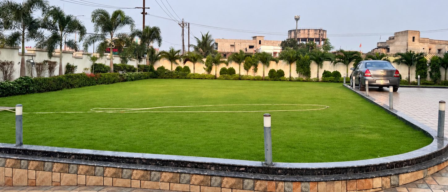 Oasis lawn with palm trees along the wall
